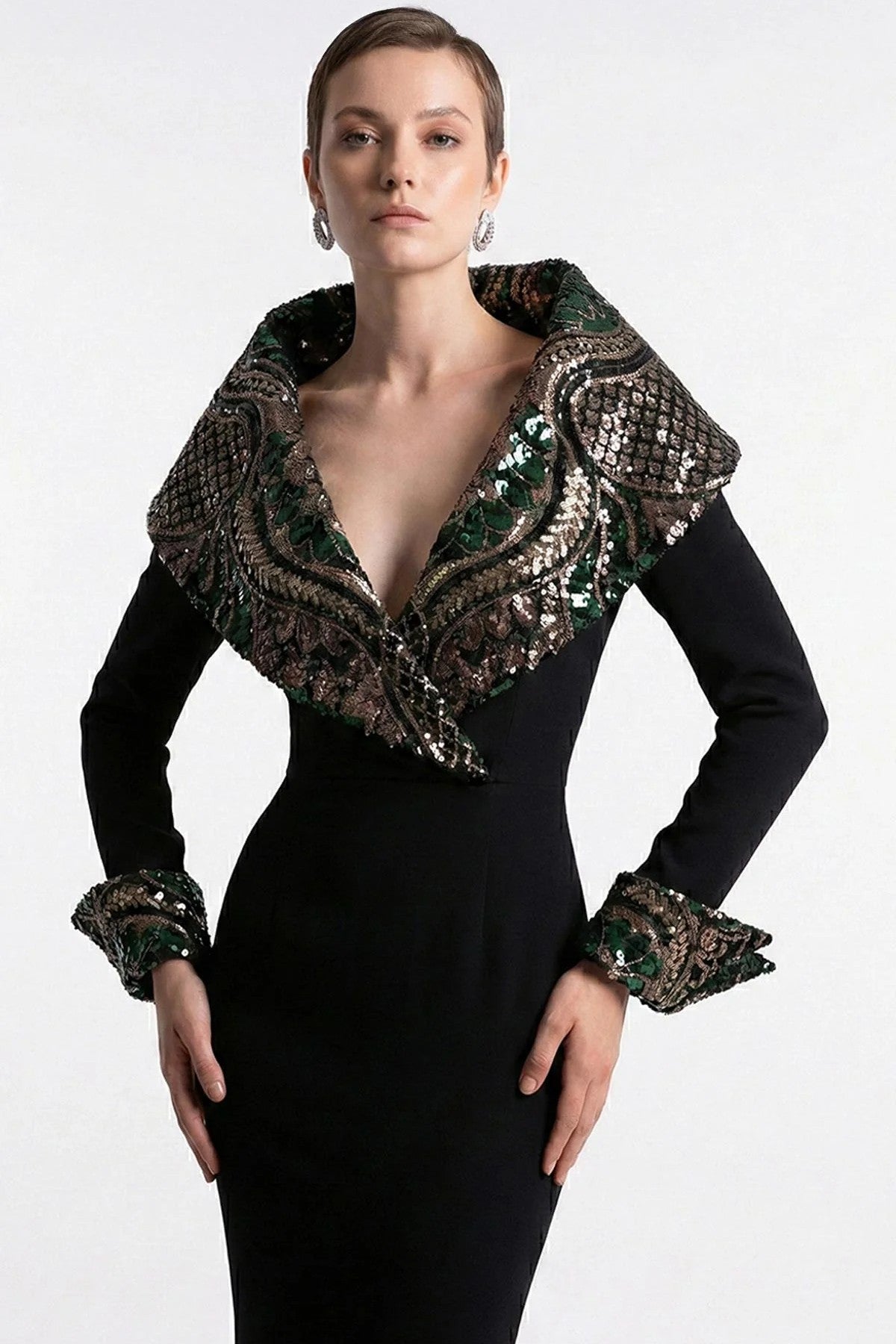 Black Embellished Collar Gown