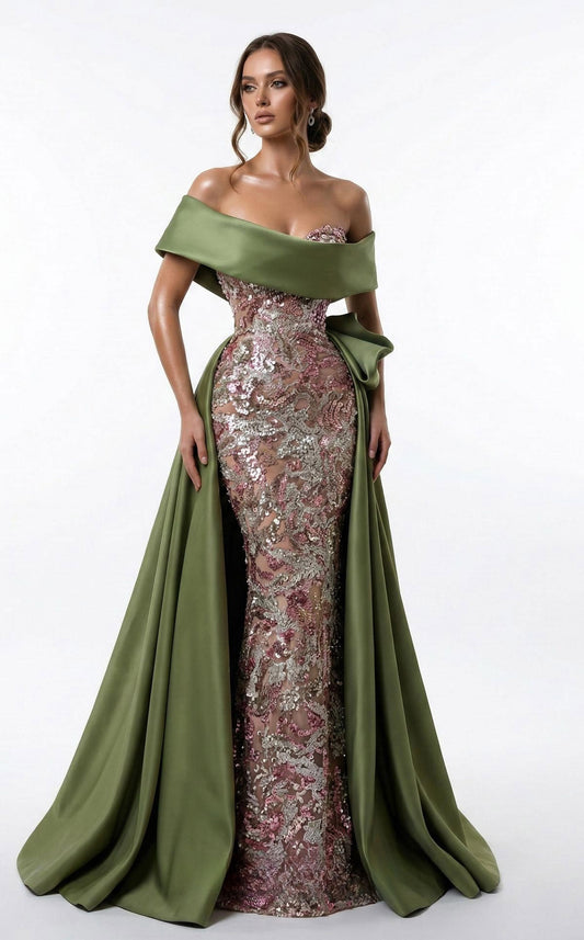 Sequin & Satin Double Skirt Gown