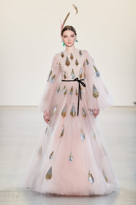 Long Sleeve Sequin Applique Gown