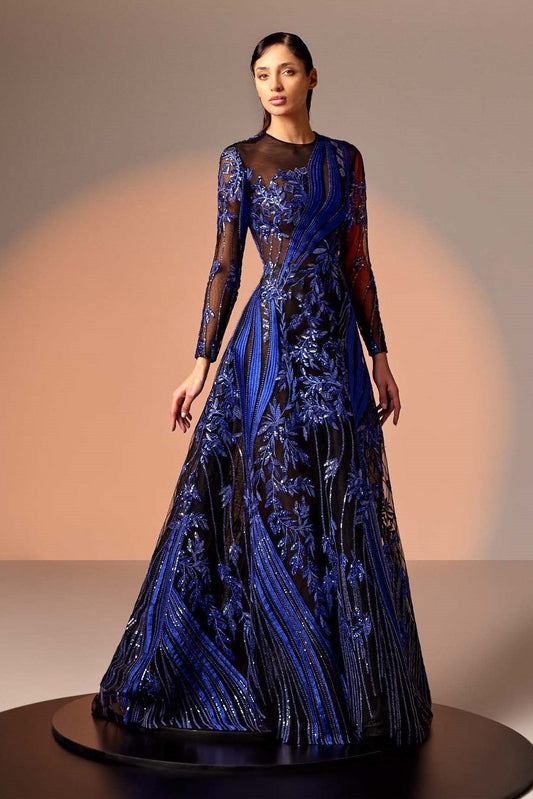 Embellished Lace Long Sleeve Gown