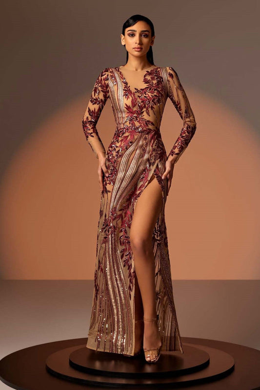 Tulle Embroidered Long Sleeve Gown with Slit