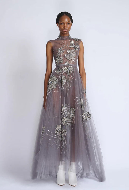 Fleur Embroidered Plisse Tulle Dress