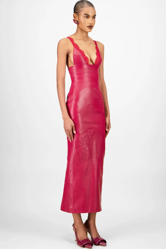 Lace-Trim Leather Midi Dress