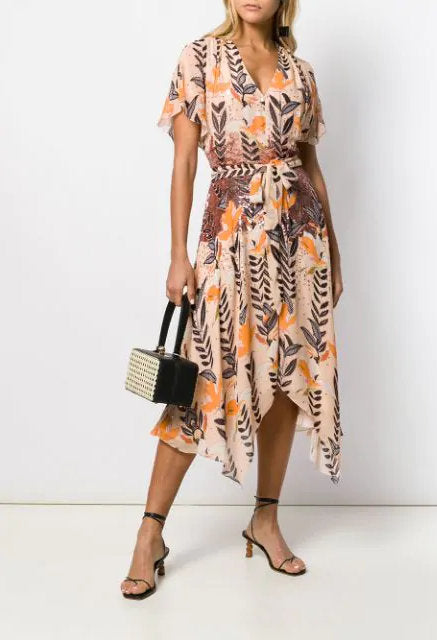 Bellflower Sequin-Embellished Floral Chiffon Dress