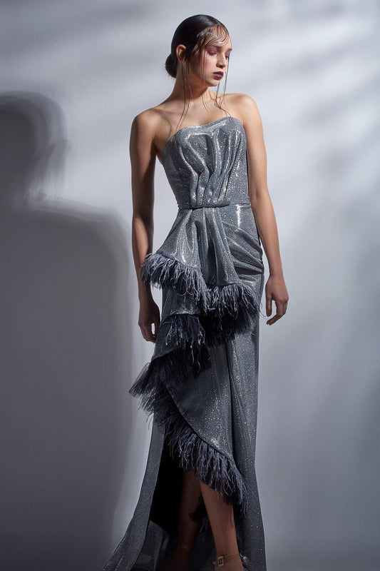 Strapless Cascading Slit Gown
