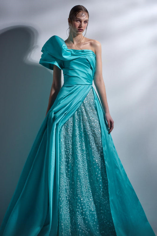 Draped One Shoulder A-Line Gown