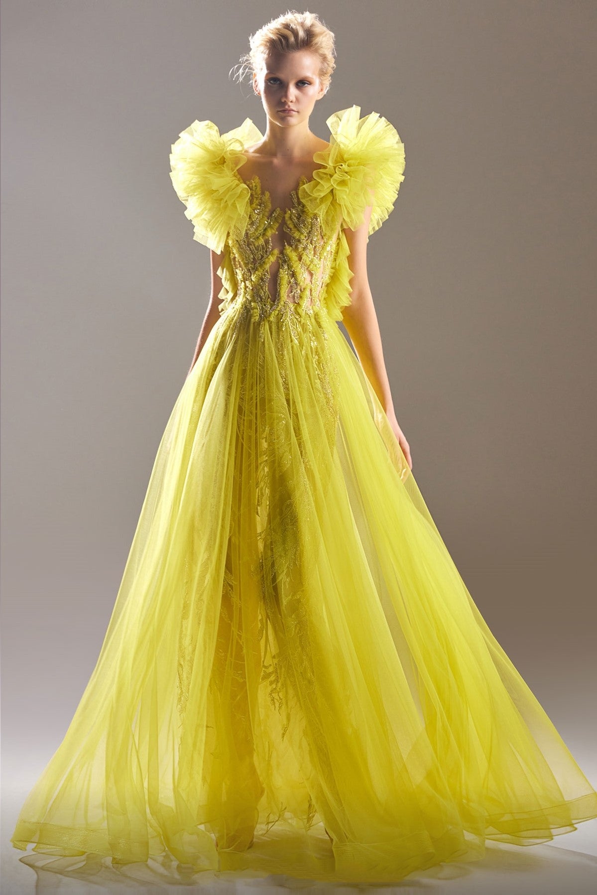 Ruffled Shoulders Tulle Gown