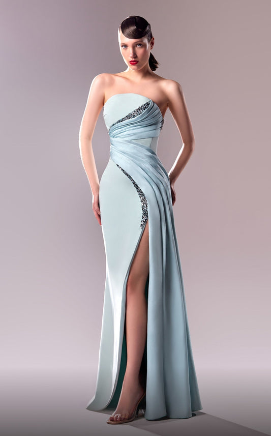 Strapless Pleated Beaded Gown