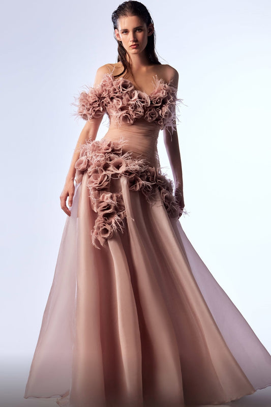 Off Shoulder Floral Embroidered Gown