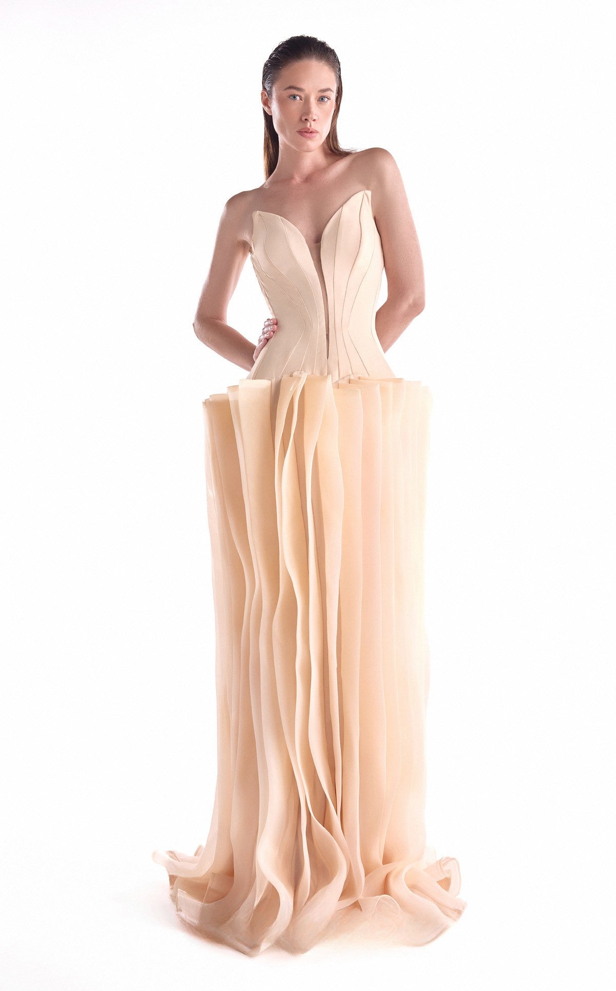 Sculptural Angled Deep-V Gown
