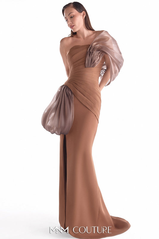 Elegant Off-Shoulder Brown Crepe and Organza Gown