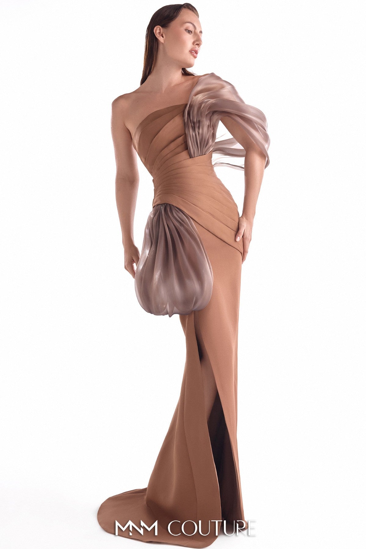 Elegant Off-Shoulder Brown Crepe and Organza Gown