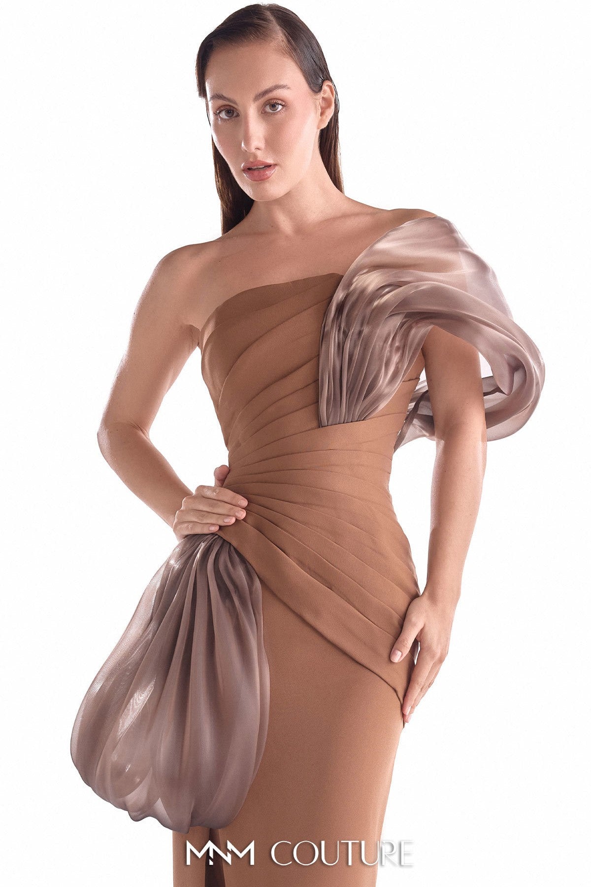 Elegant Off-Shoulder Brown Crepe and Organza Gown