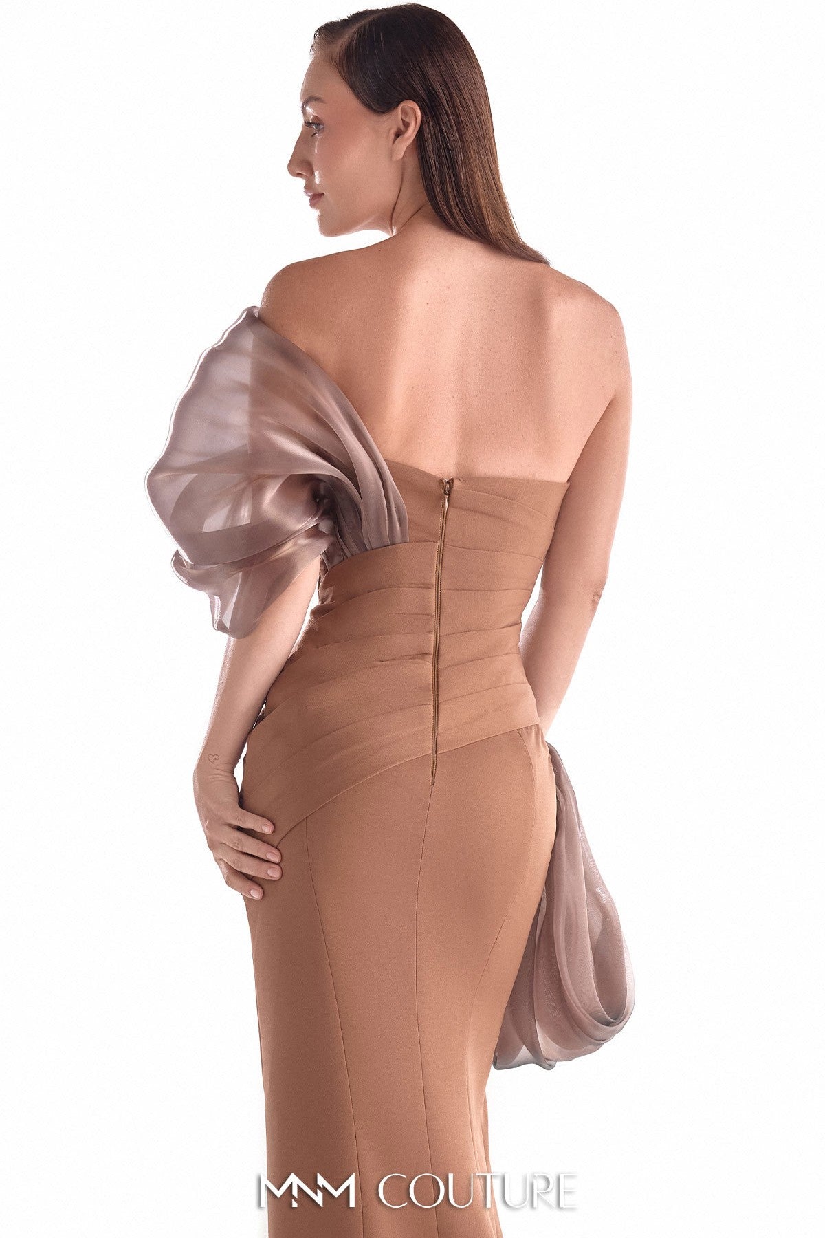 Elegant Off-Shoulder Brown Crepe and Organza Gown