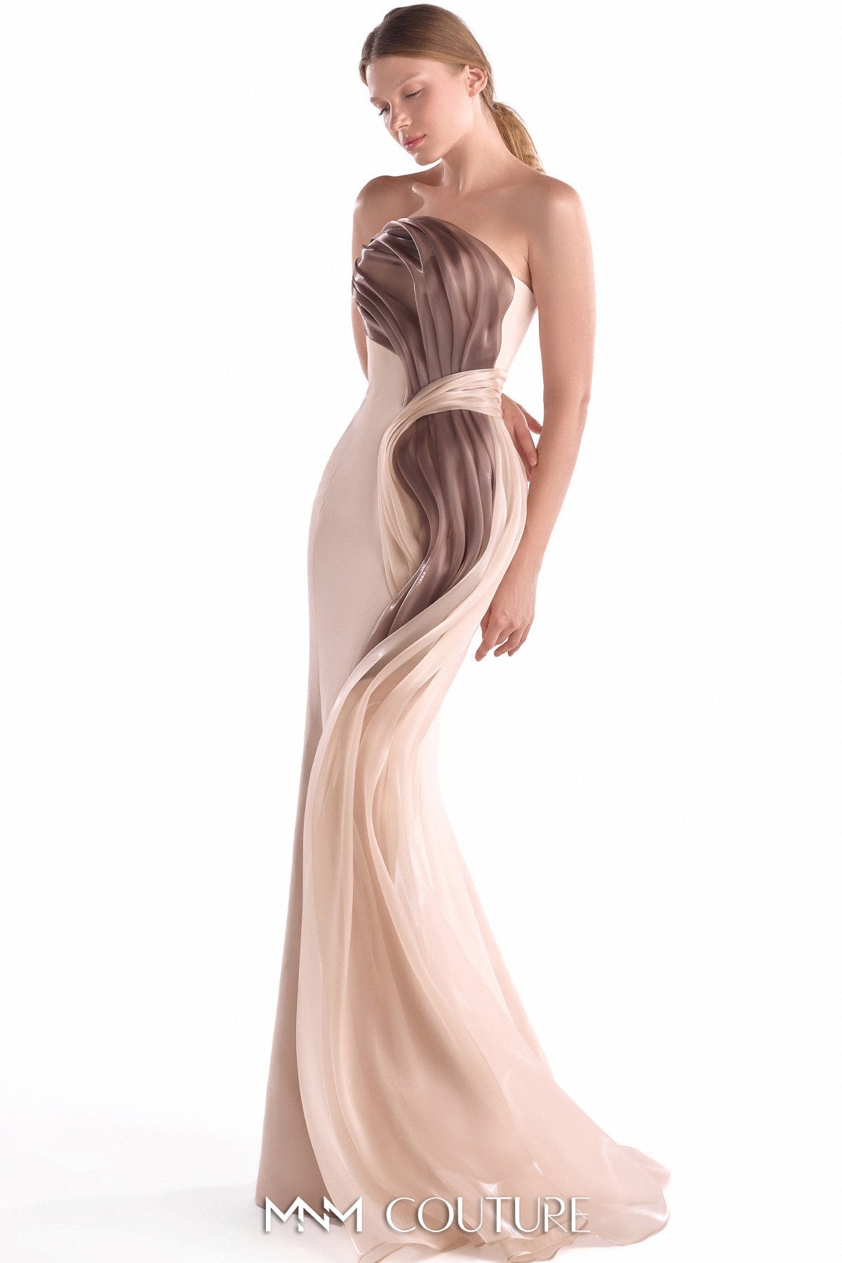 Sculpted Flow Nude-Brown Organza Mermaid Gown