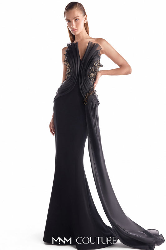 Obsidian Petals Draped Black Mermaid Gown