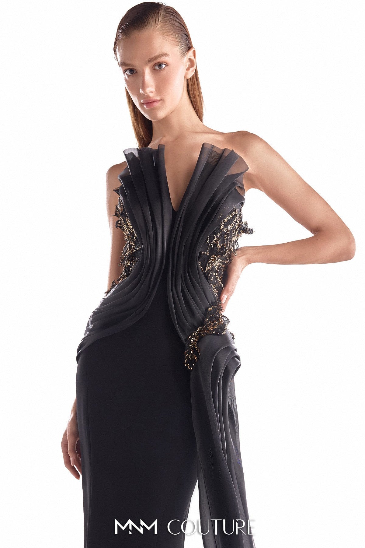 Obsidian Petals Draped Black Mermaid Gown