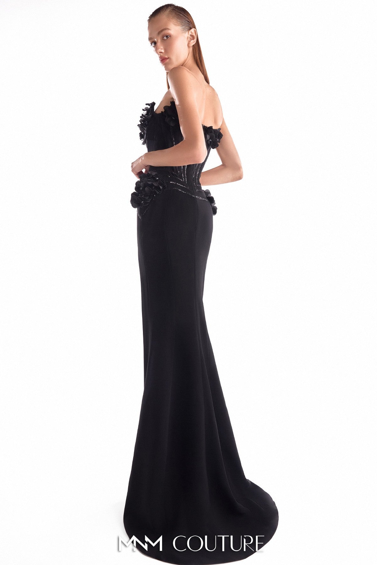 Noir Petal-Embellished Sculpted Corset Gown