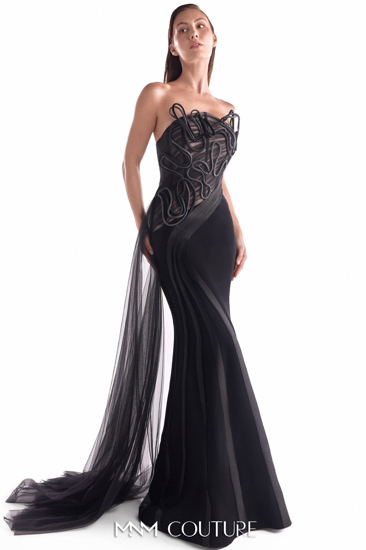 Artfully Corded Illusion Bodice Black Gown