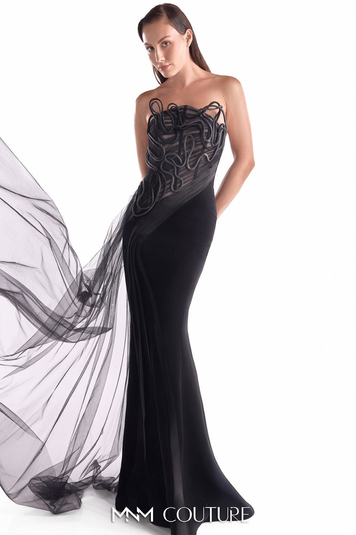 Artfully Corded Illusion Bodice Black Gown