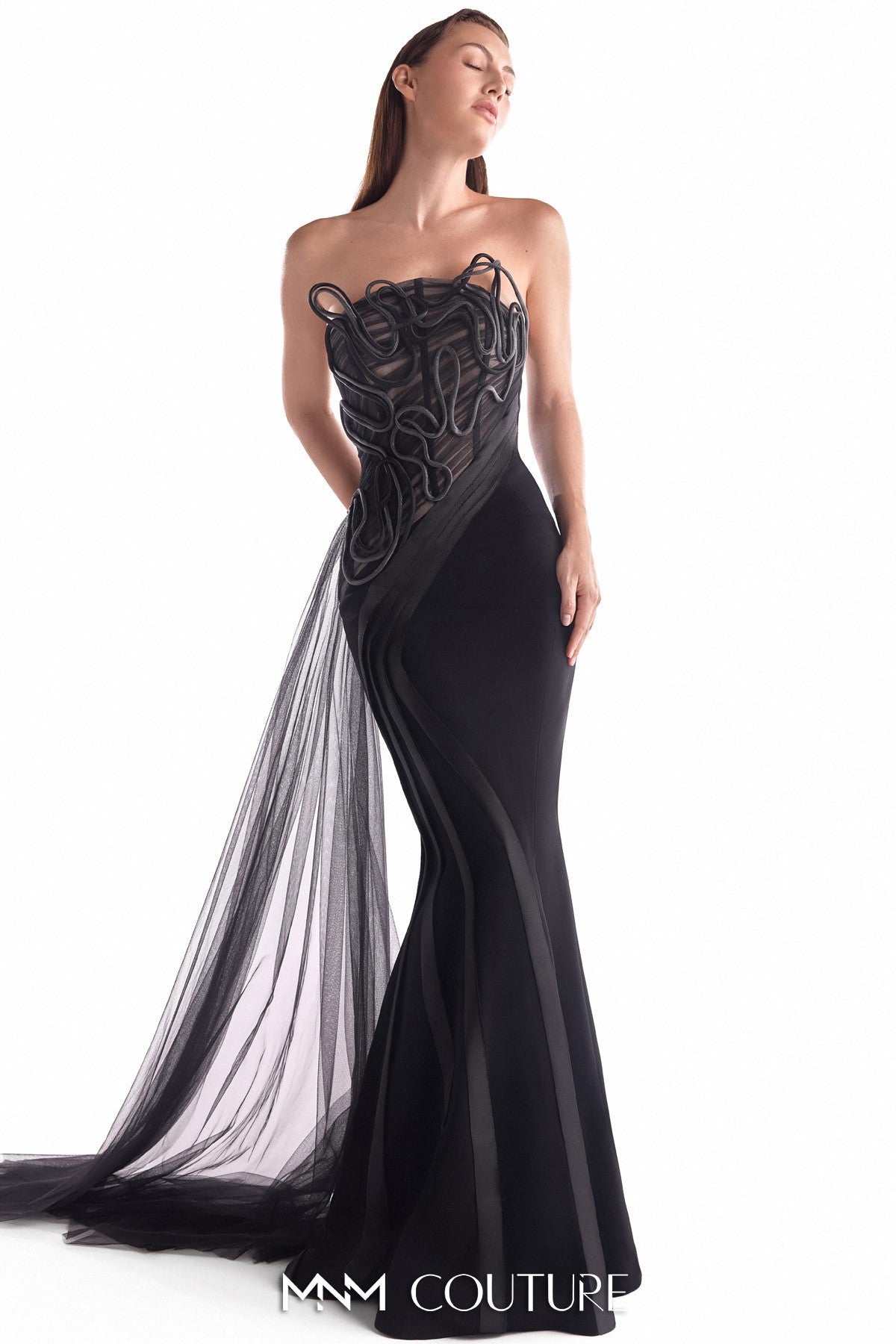 Artfully Corded Illusion Bodice Black Gown