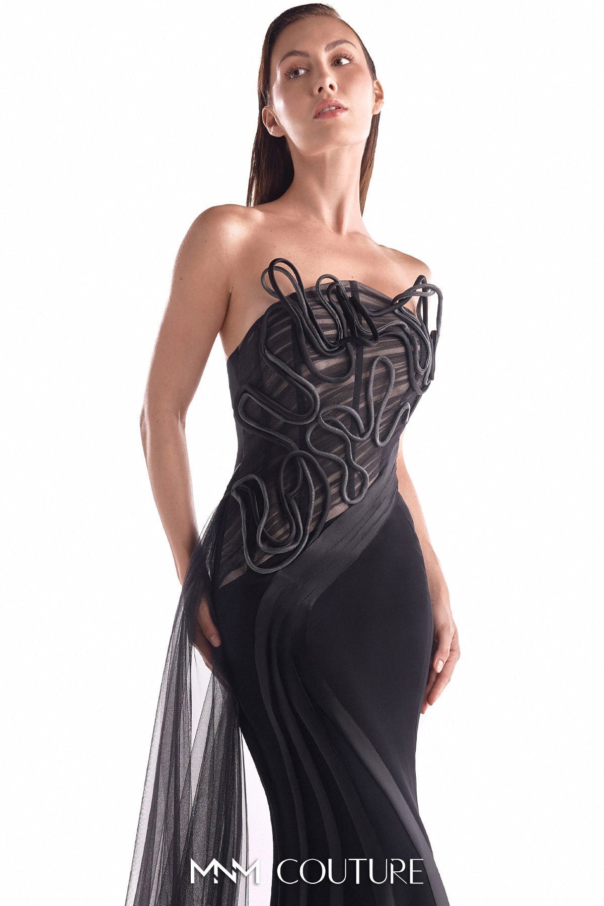 Artfully Corded Illusion Bodice Black Gown