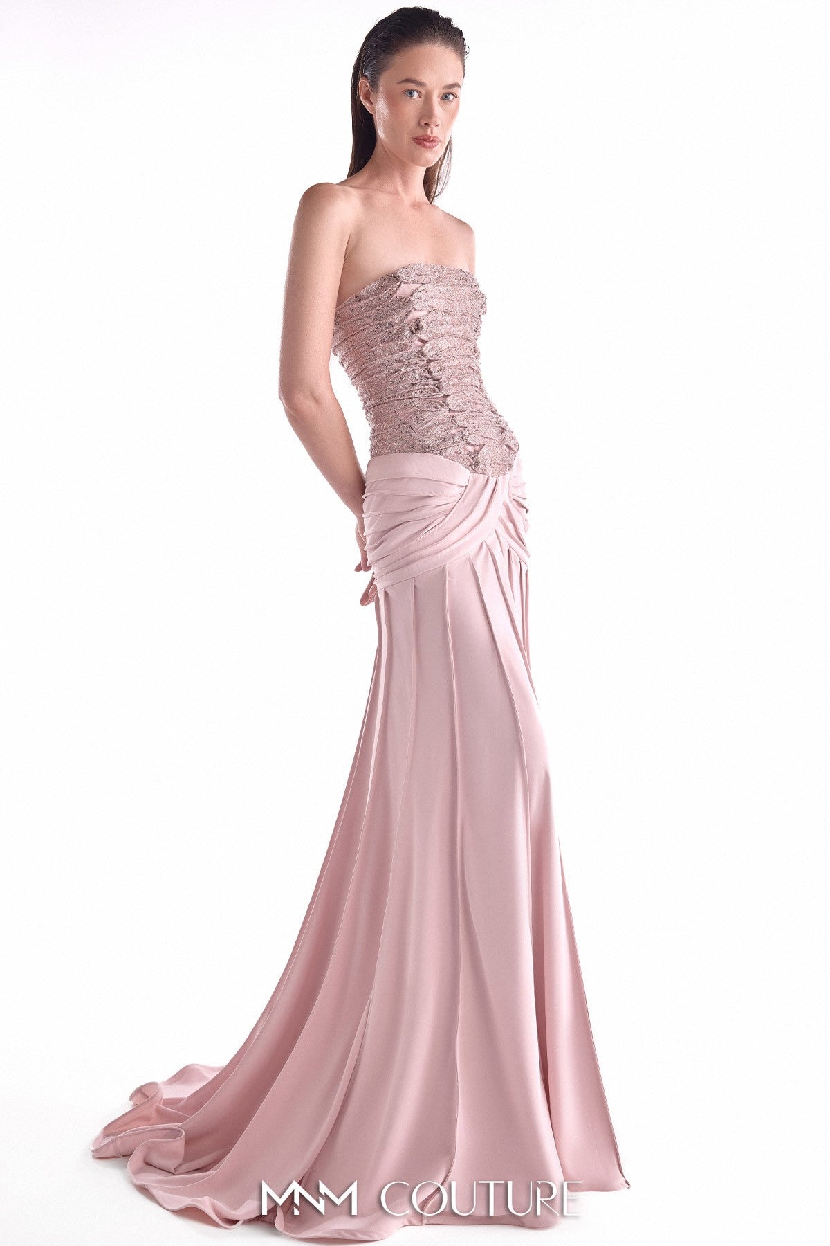 Powder Pink Sequined Lace and Crepe Gown