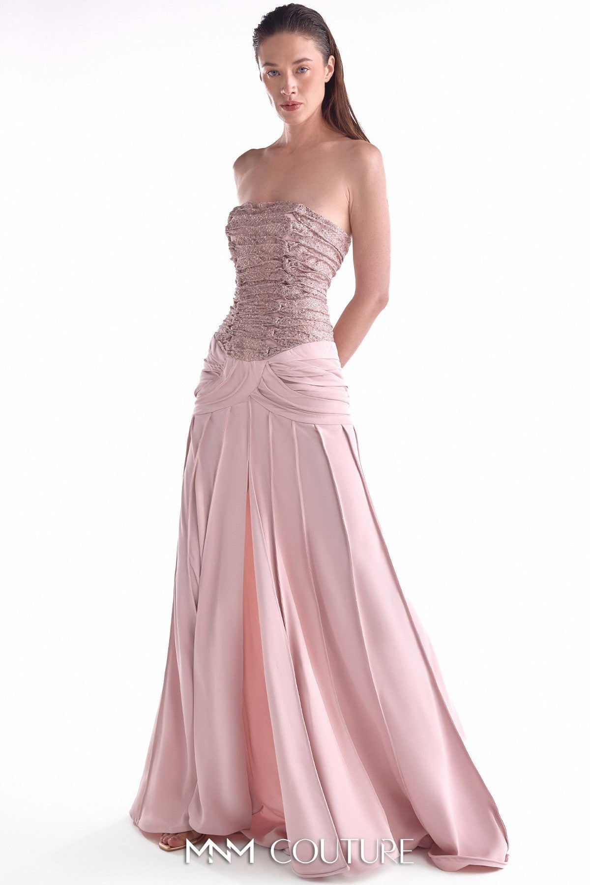Powder Pink Sequined Lace and Crepe Gown