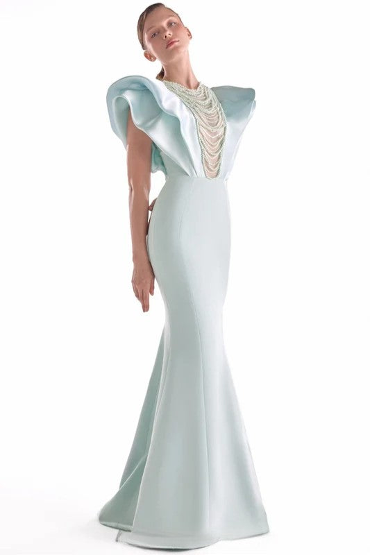 Ethereal Mint Mermaid Gown with Pearl Drapery