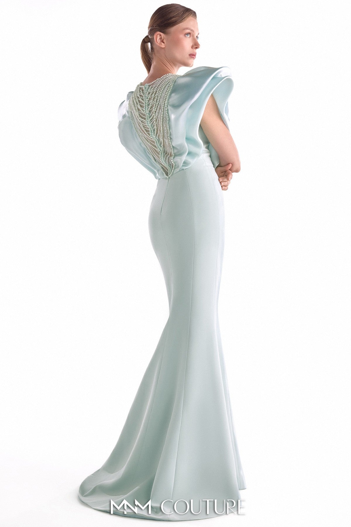 Ethereal Mint Mermaid Gown with Pearl Drapery