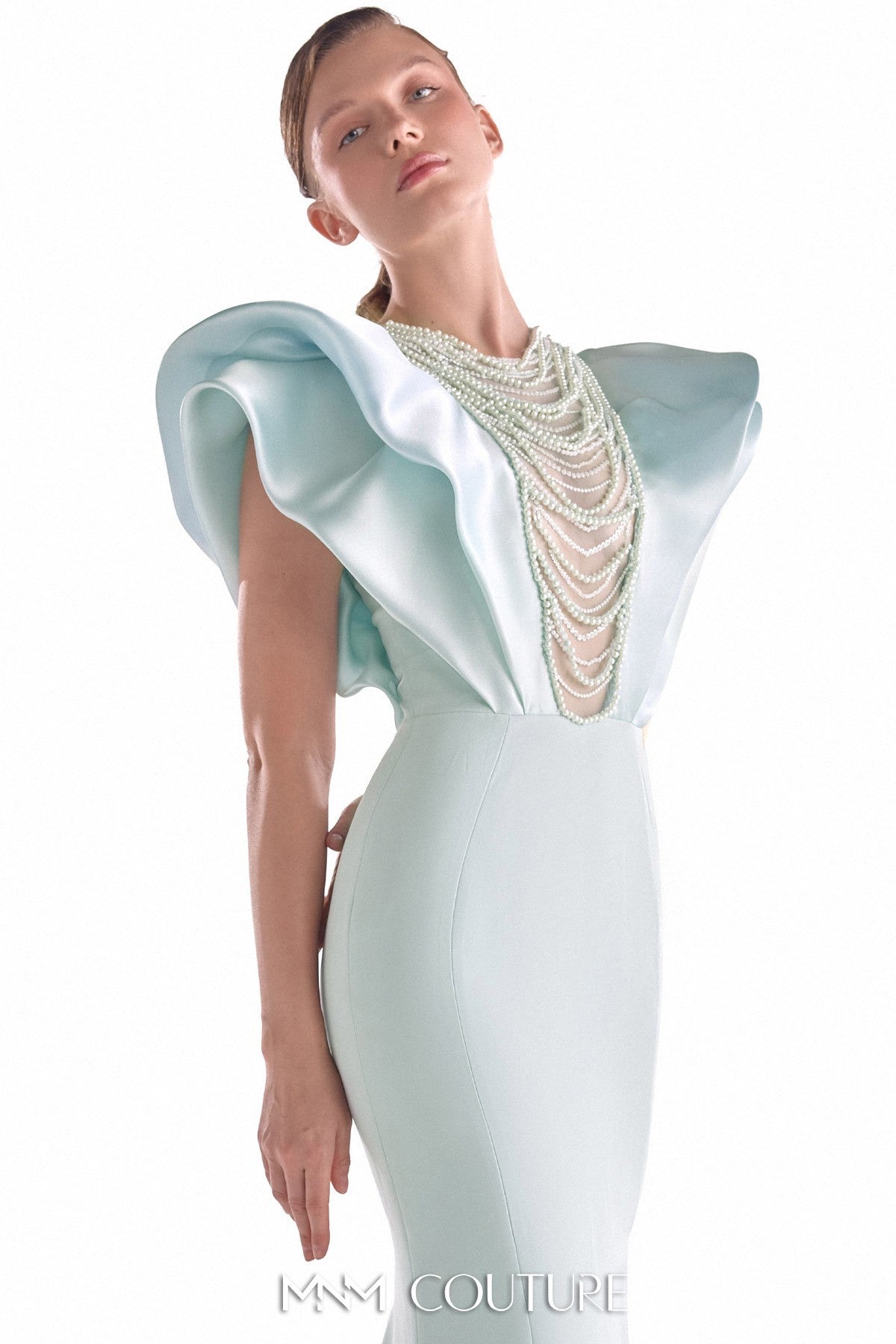 Ethereal Mint Mermaid Gown with Pearl Drapery