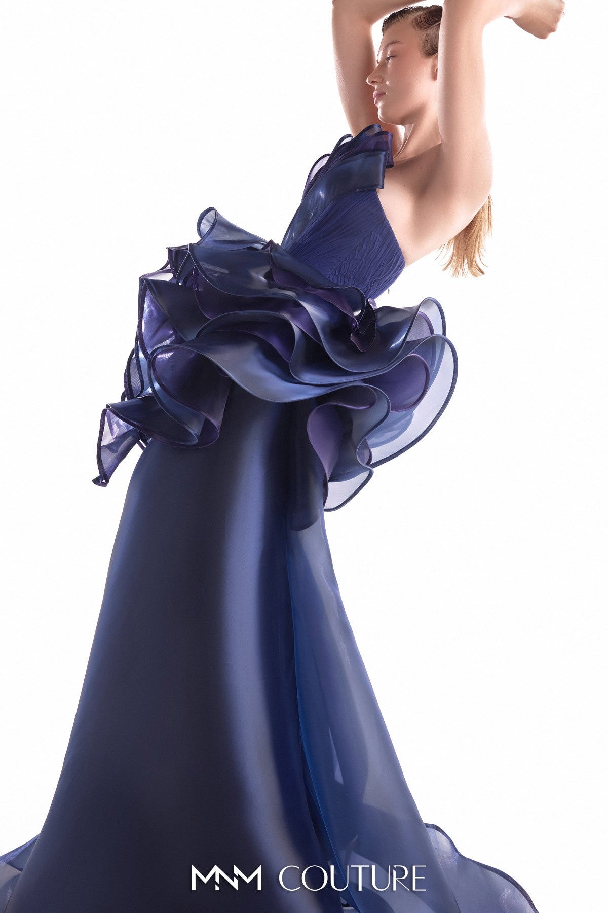 Midnight Bloom Sculptural Fluid Organza Gown