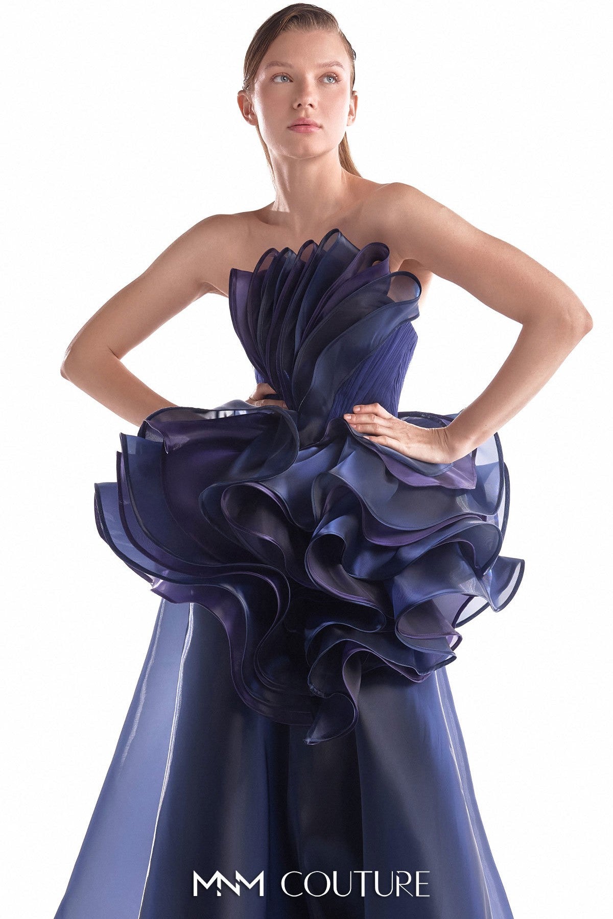 Midnight Bloom Sculptural Fluid Organza Gown