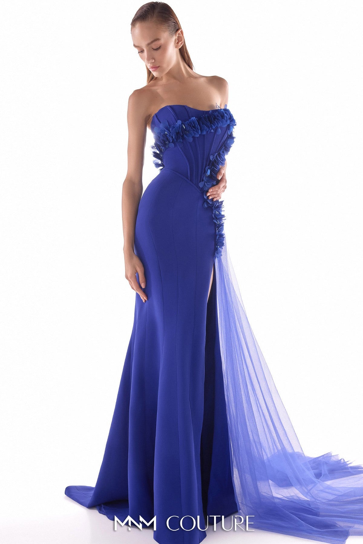 Boned Royal Blue Floral Embellished Corset Gown