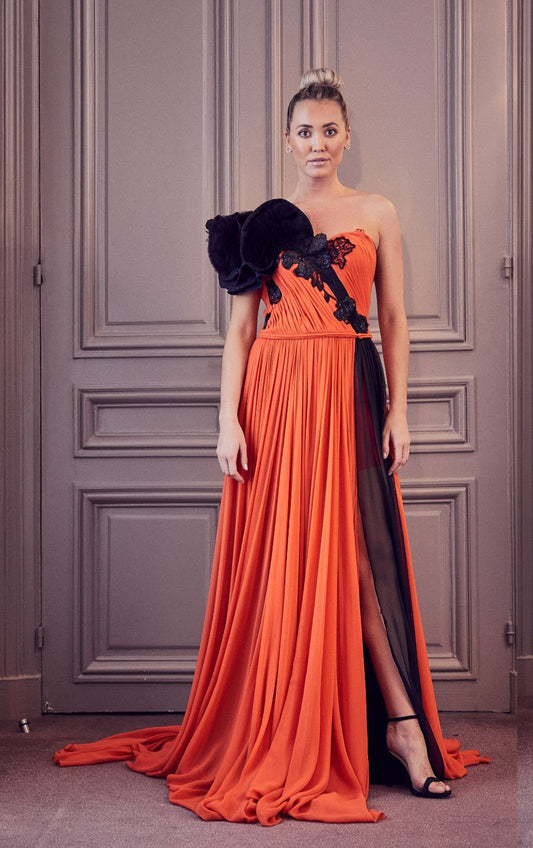 Pleated Strapless Slit Gown