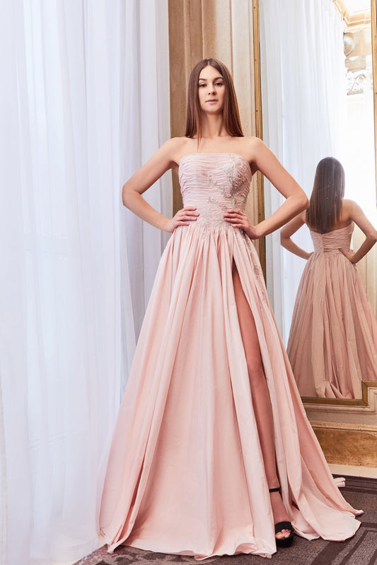 Strapless A-Line Slit Gown