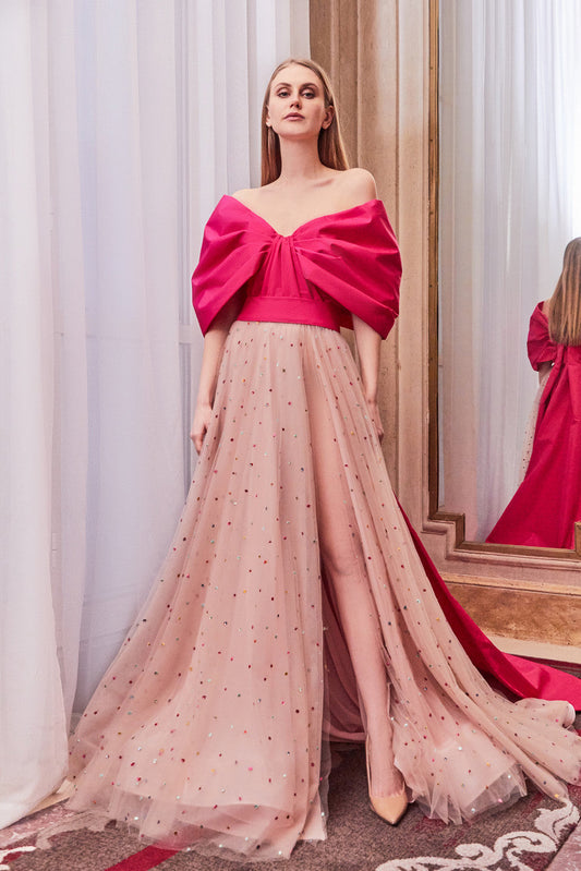Gathered A-Line Off Shoulder Slit Gown