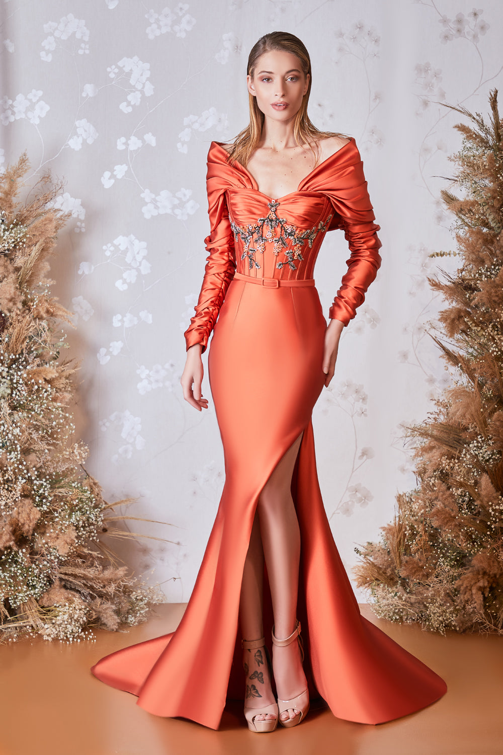 Off Shoulder Long Sleeve Slit Gown