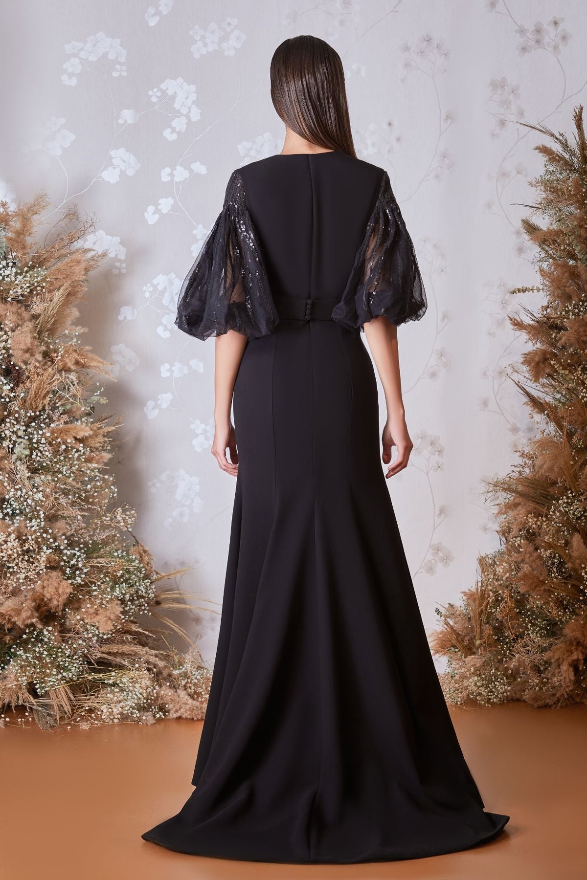 Plunging Balloon-Sleeve Gown