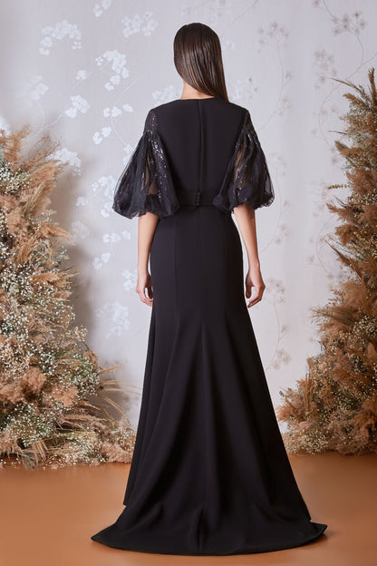 Plunging Balloon-Sleeve Gown