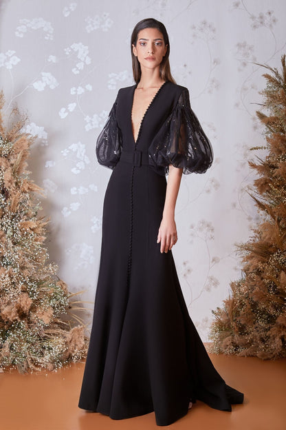 Plunging Balloon-Sleeve Gown