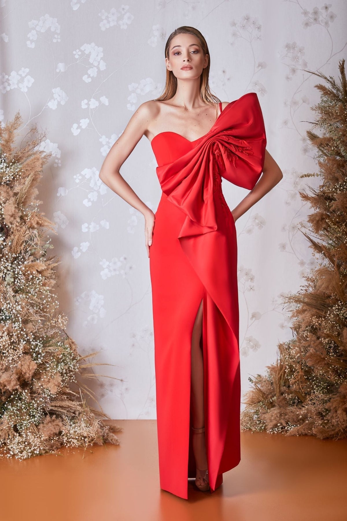 One-Shoulder Sculpted Bow Gown