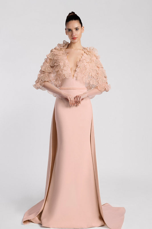 Plunging Fan-Ruffle Mermaid Gown