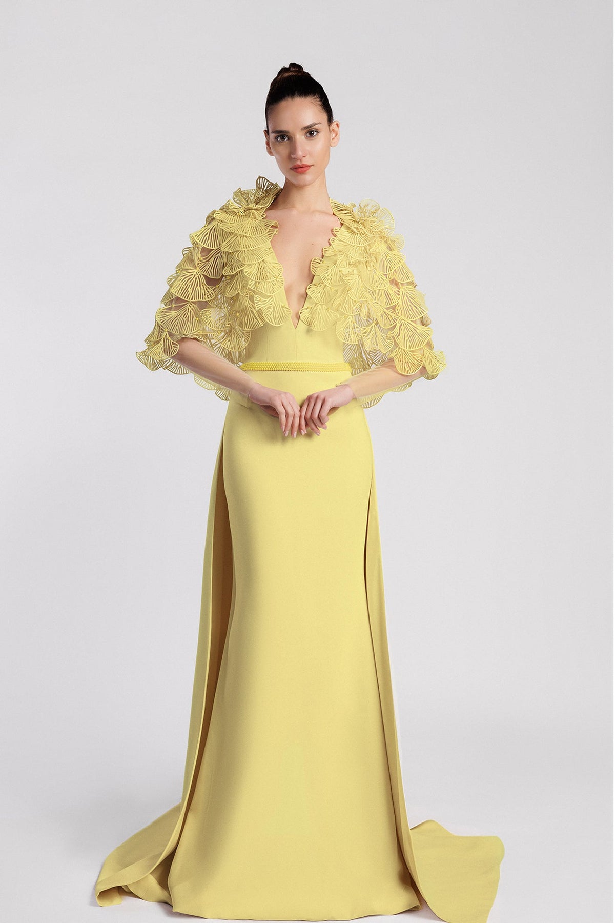Fan-Ruffle Cape-Sleeve Gown