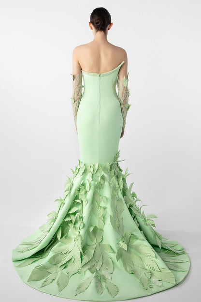 Strapless Feather-Appliqué Mermaid Gown