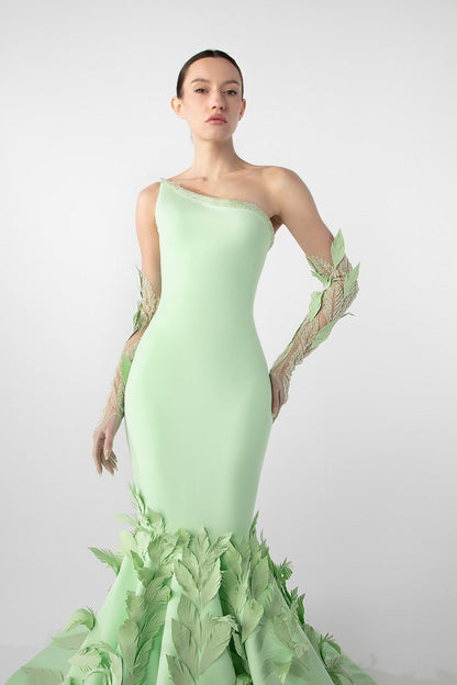 Strapless Feather-Appliqué Mermaid Gown
