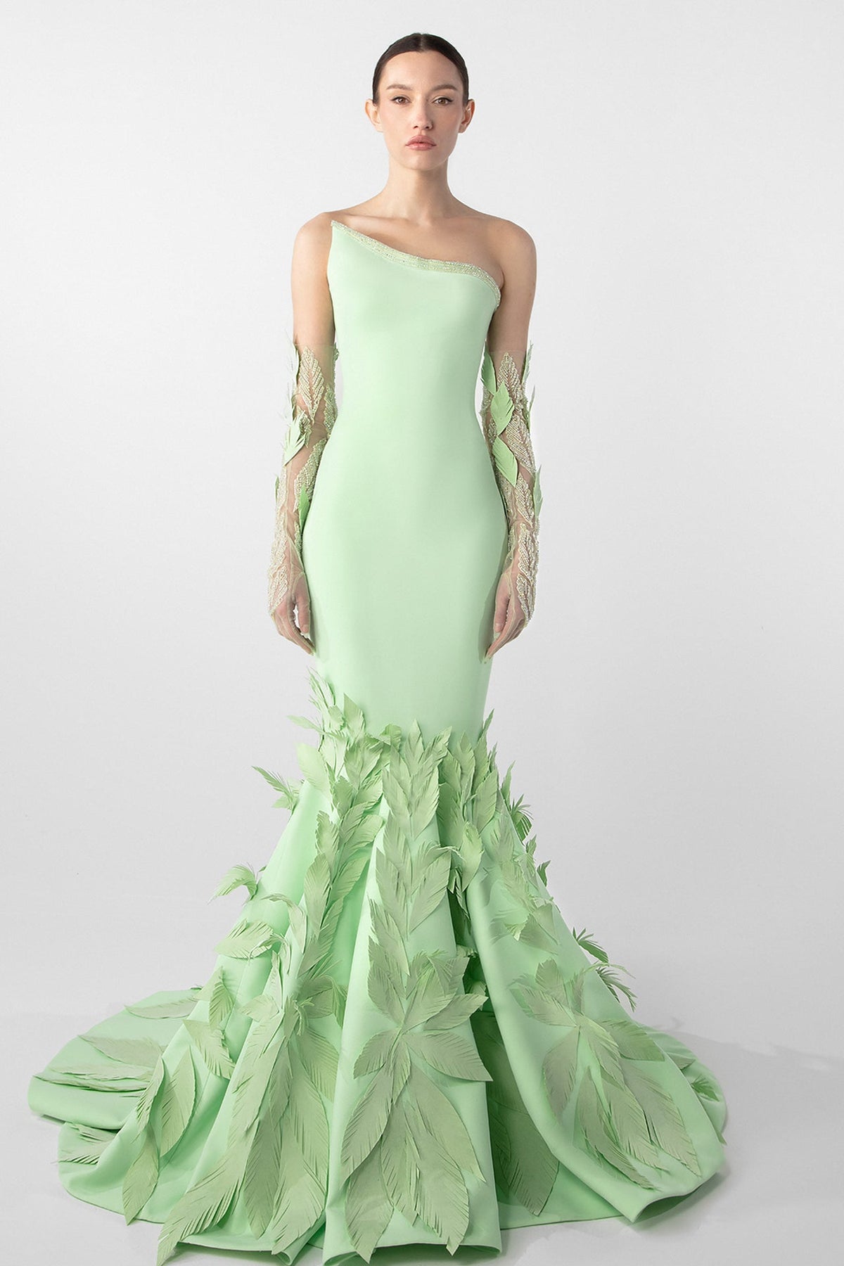 Strapless Feather-Appliqué Mermaid Gown