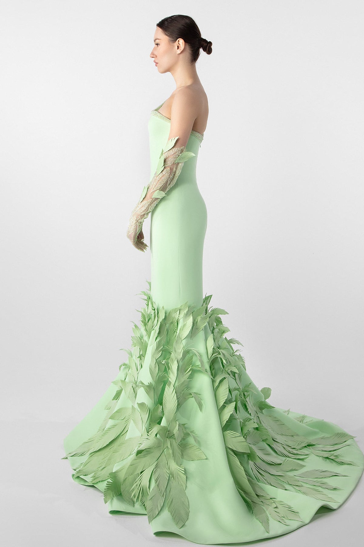 Strapless Feather-Appliqué Mermaid Gown