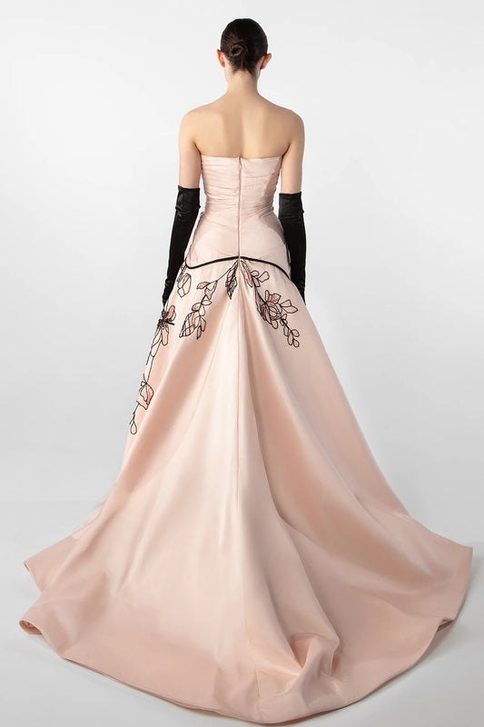 Embroidered Skirt Strapless Gown
