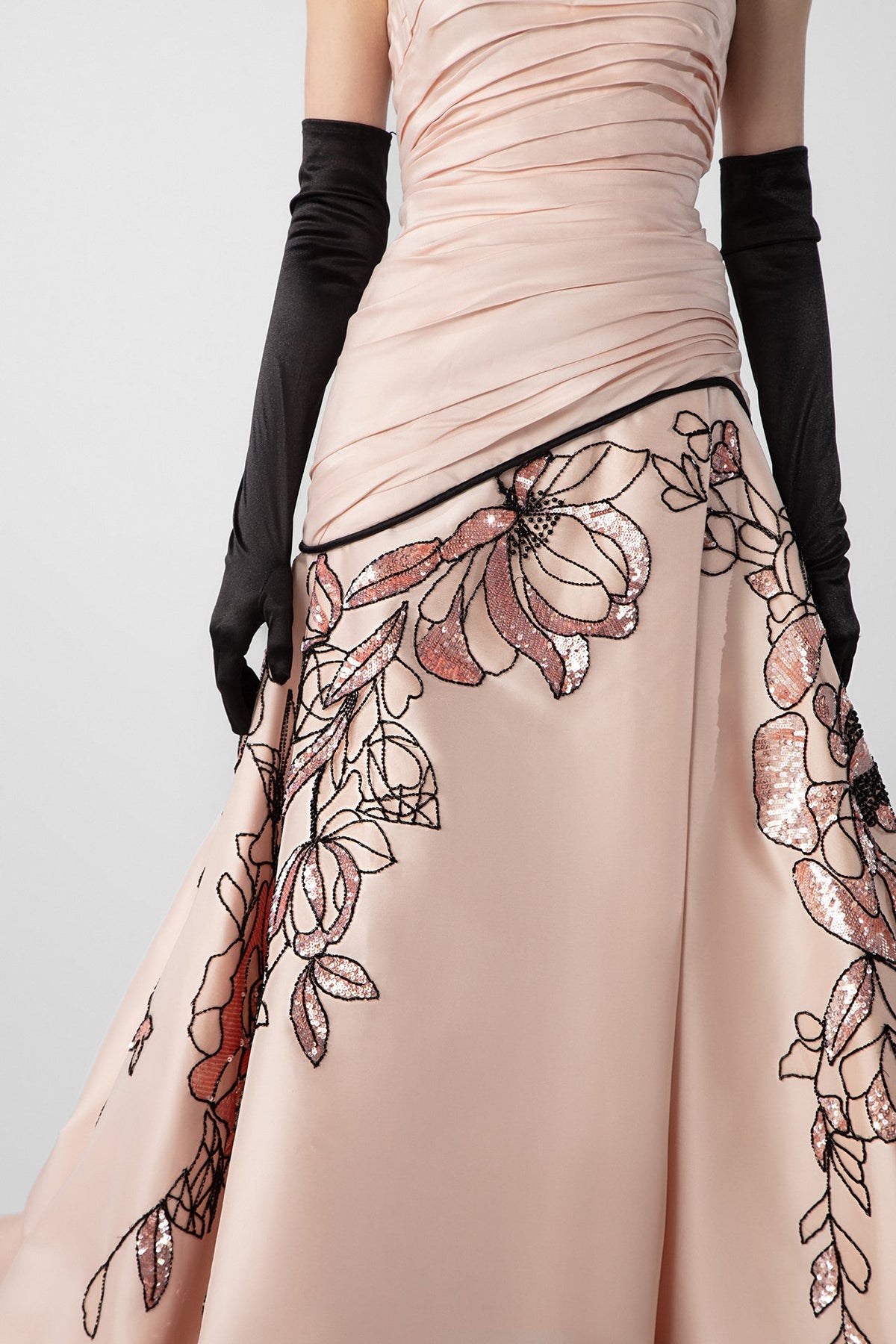 Embroidered Skirt Strapless Gown